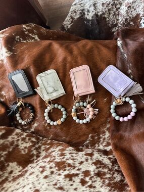 Women's Beaded Wristlet Keychain with ID Holder - Pink